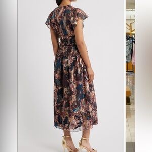 Eliza J Metallic Floral Flutter Sleeve Midi Dress – Size 8 – NWT